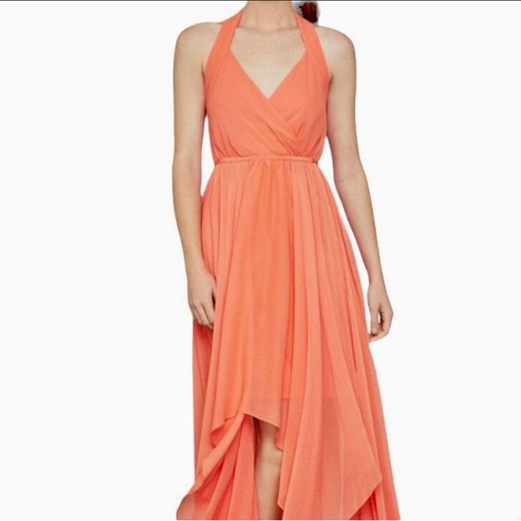 NWT BCBGMAXAZRIA Chiffon Faux Wrap High Low Halter Dress Tie At Waist Salmon XXS - Picture 5 of 8